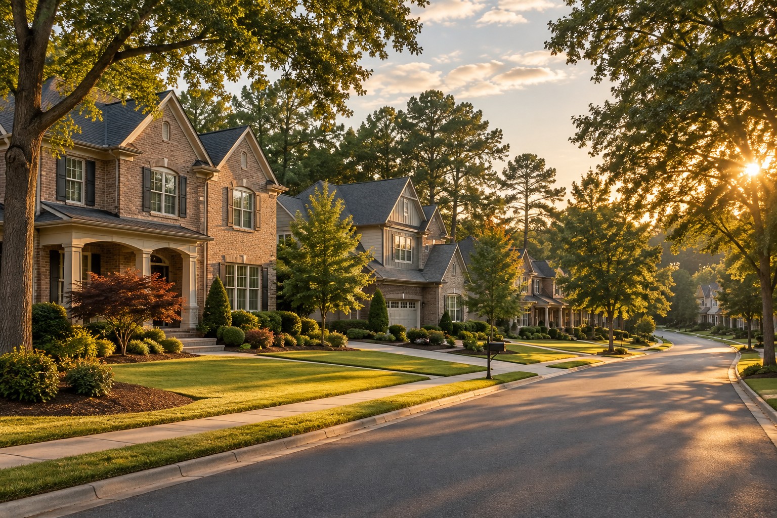 A Metro Atlanta neighborhood street at golden hour, illustrative